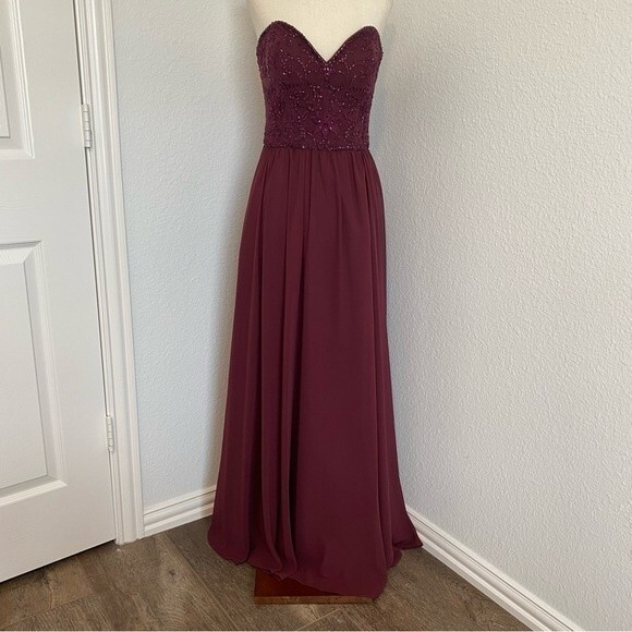Morilee by Madeline Gardner Dressy Strapless Burgundy Beaded Gown SZ 8 - Picture 1 of 14